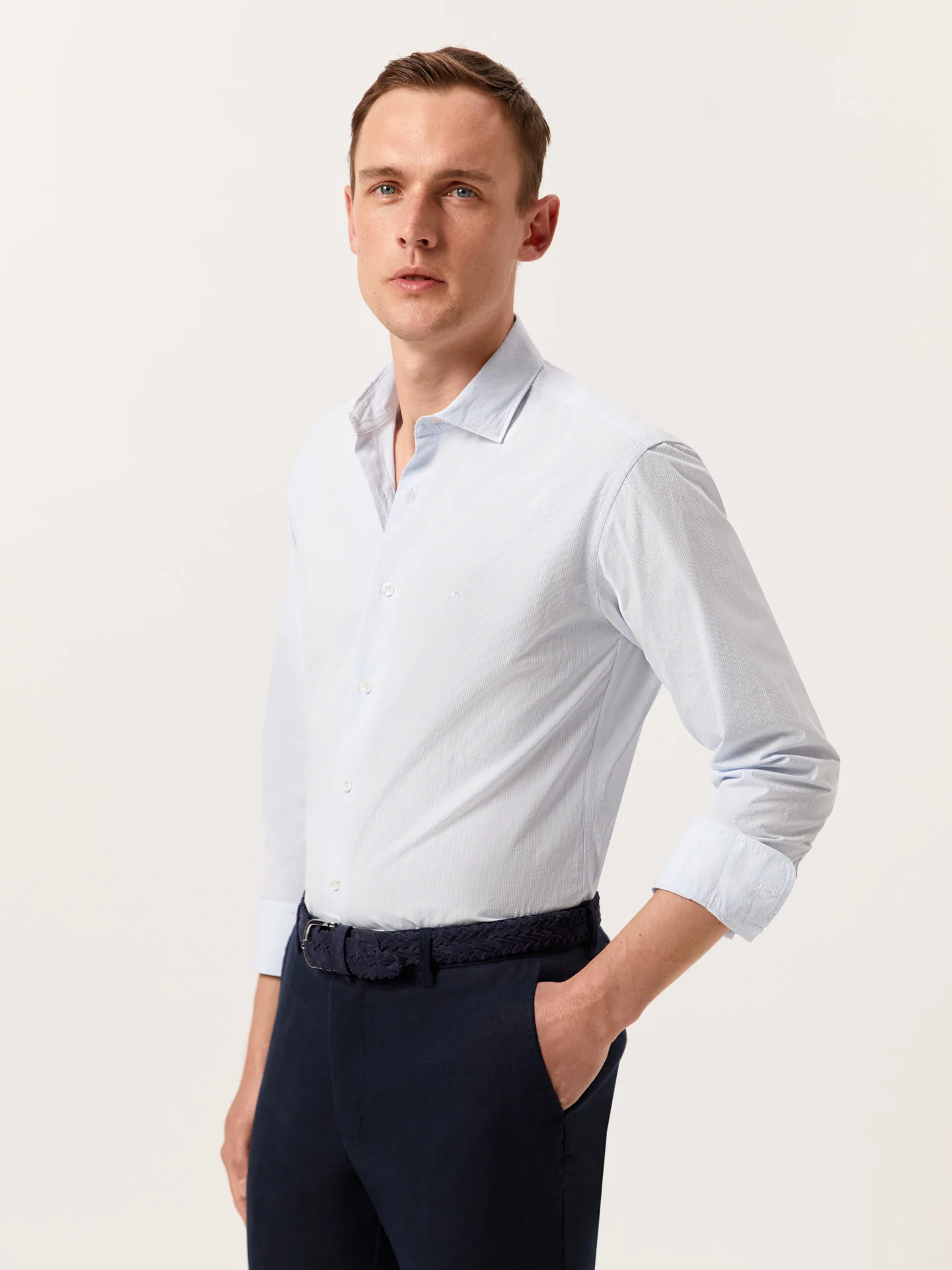 Slim Fit Striped Seersucker Shirt in Cotton Elastane with Open Collar - Image 2