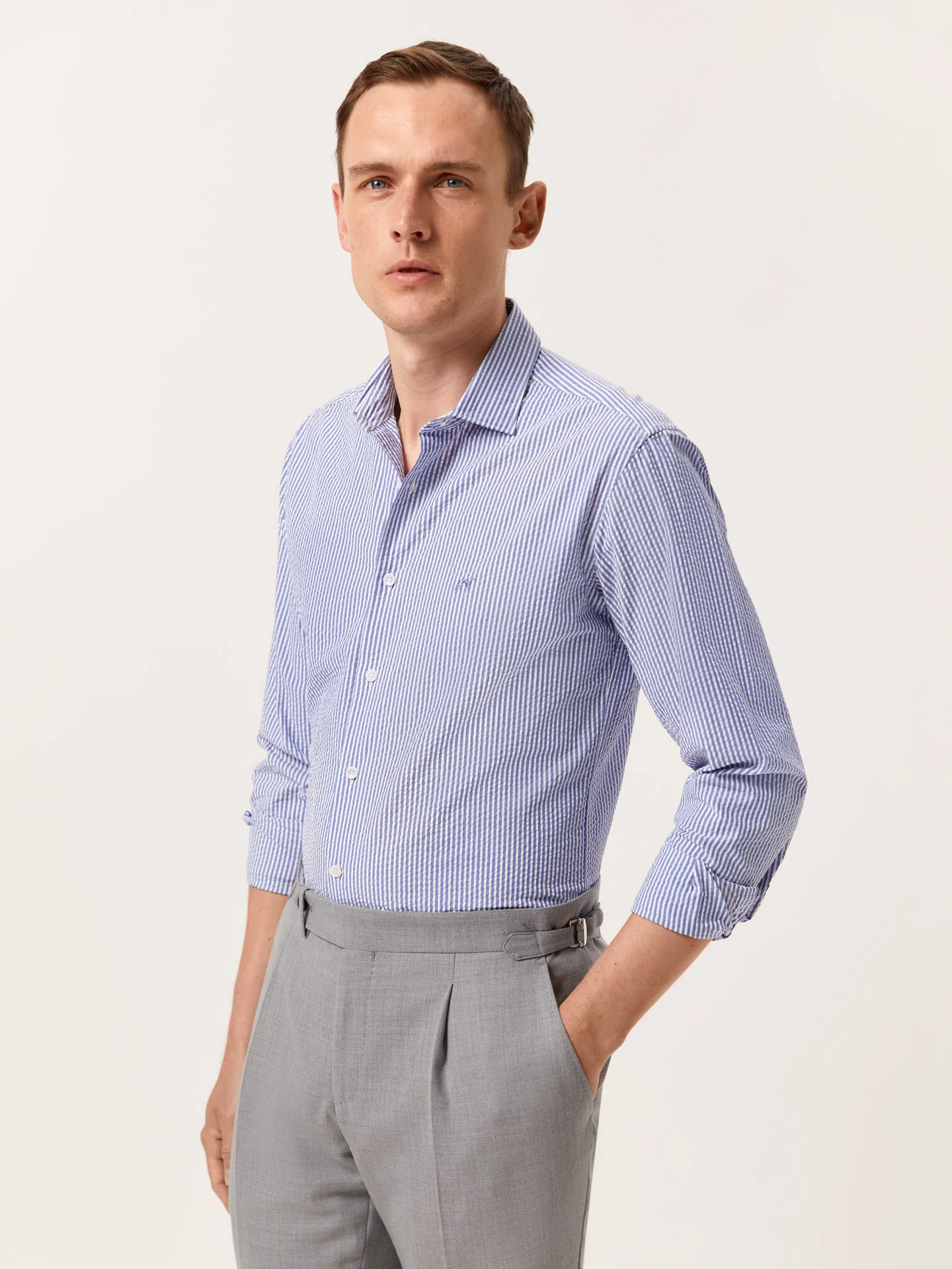 Slim Fit Striped Seersucker Shirt in Cotton Elastane with Open Collar