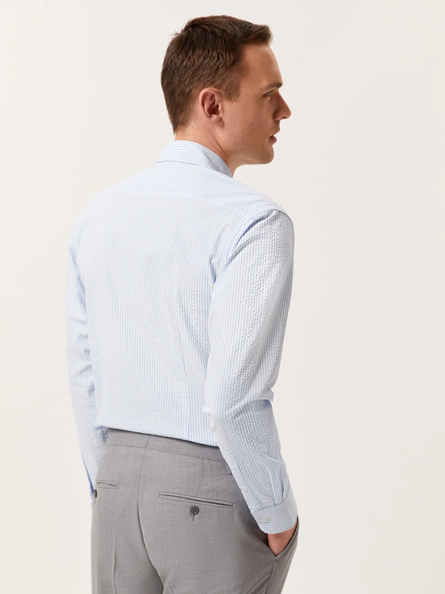 Slim Fit Striped Seersucker Shirt in Cotton Elastane with Open Collar - Image 3