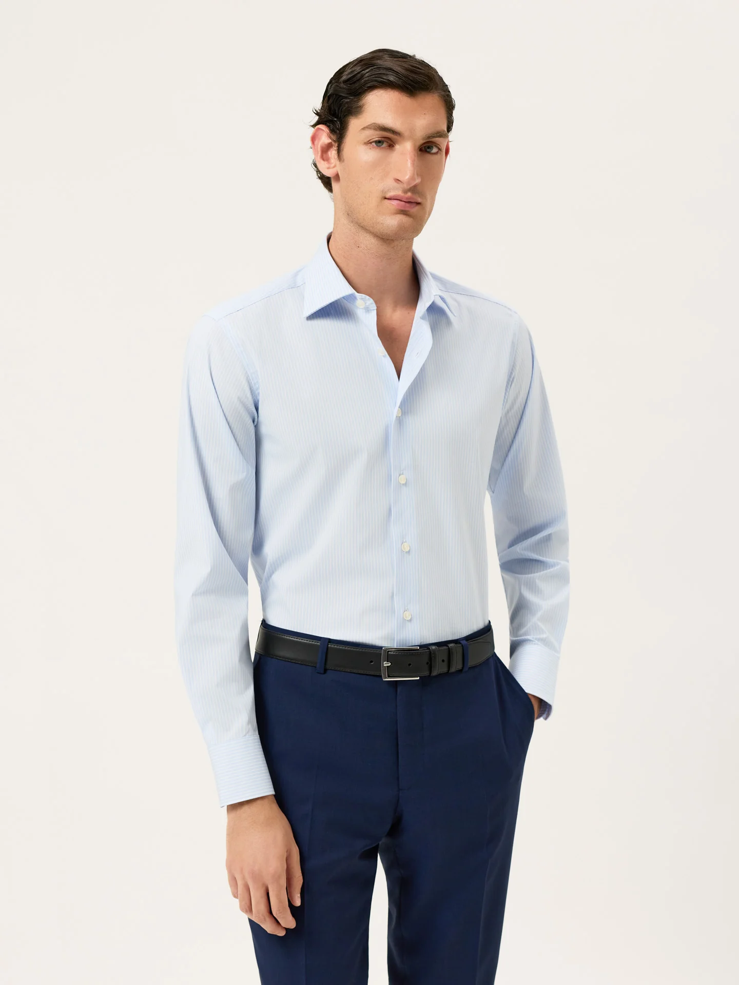 Slim Fit Striped Travel Shirt With Oxford Collar