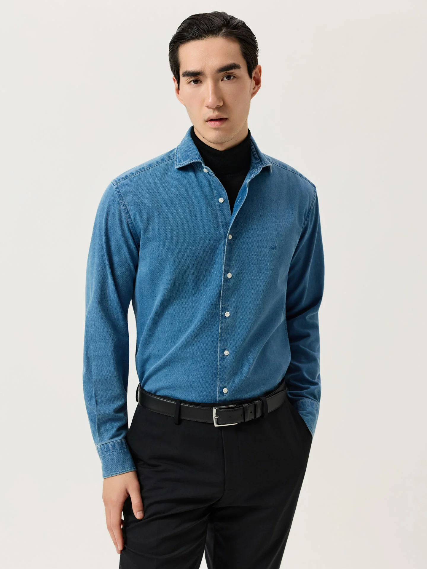 Slim Fit Structured Cotton Denim Shirt With Newport Collar - Image 5
