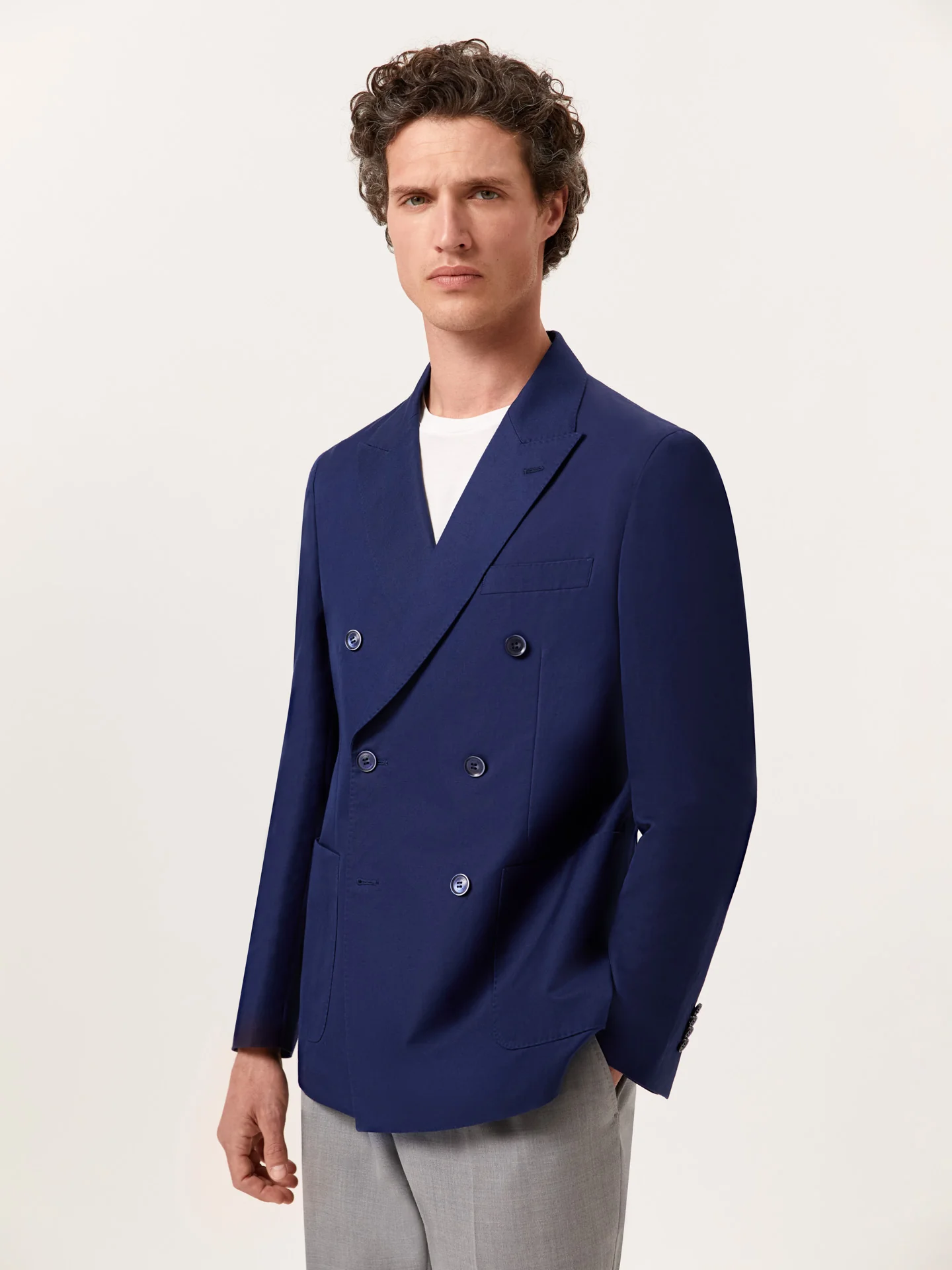 Unstructured Dark Blue Linen-Cotton Blend Double-Breasted Blazer - Image 2