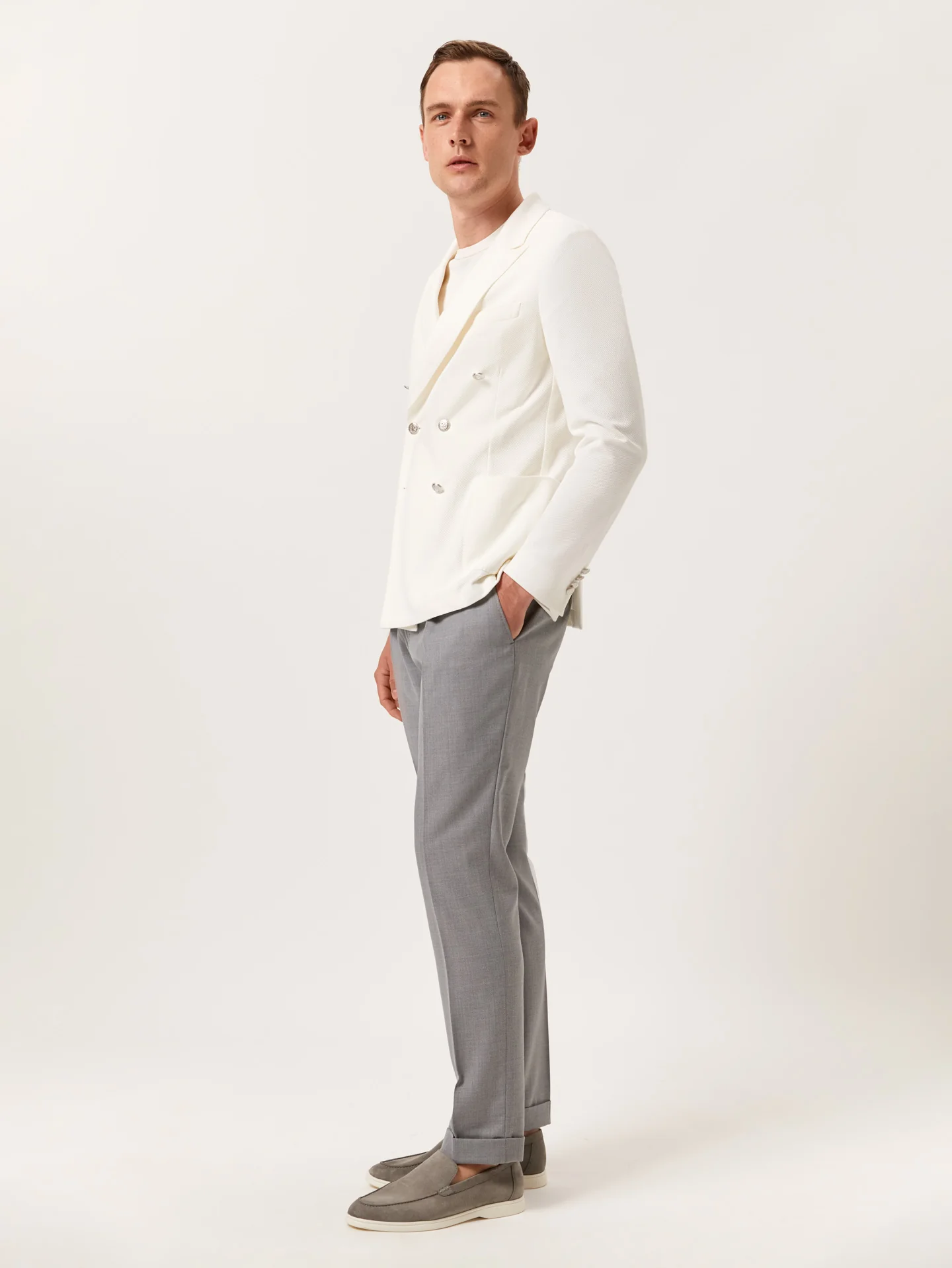 Unstructured Double-Breasted White Piqué Cotton Blazer - Image 3